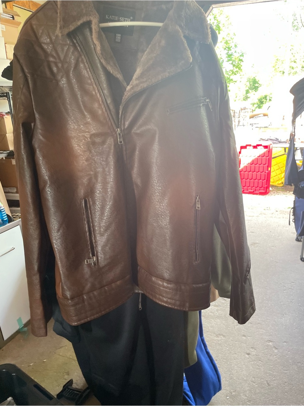 Faux leather jacket with fur collar brown in color